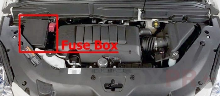 the location of the fuses in the engine compartment: buick enclave (2008-2017)