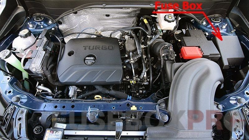 the location of the fuses in the engine compartment: buick encore gx (2020, 2021, 2022)
