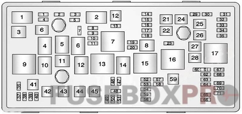 under-hood fuse box diagram: buick regal (2011, 2012, 2013, 2014, 2015, 2016, 2017)