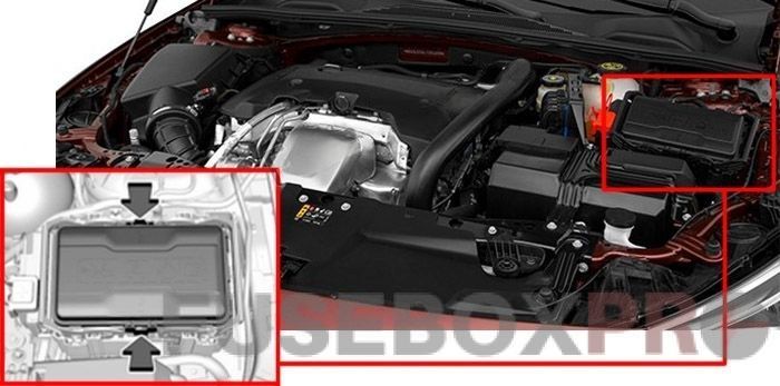 the location of the fuses in the engine compartment: buick regal (2018, 2019, 2020)