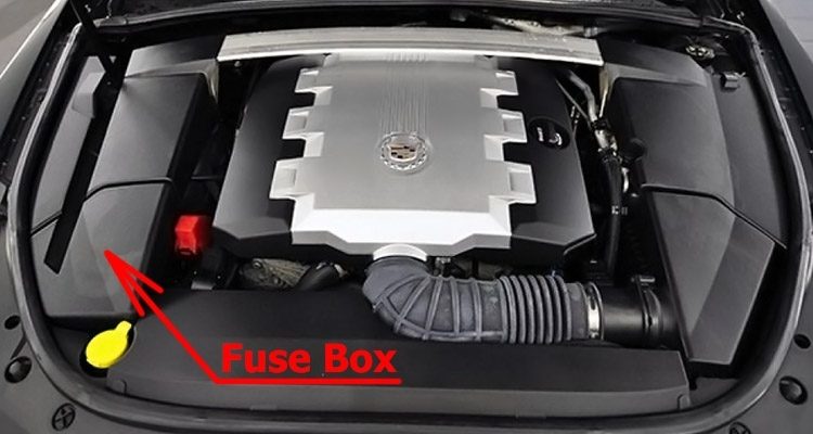 the location of the fuses in the engine compartment: cadillac cts (2008-2009)