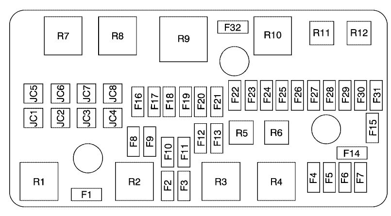 under-hood fuse box diagram: cadillac dts (2005, 2006, 2007)