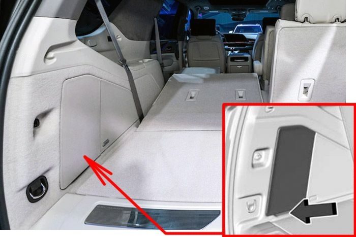 the location of the fuses in the trunk: cadillac escalade (2021, 2022)