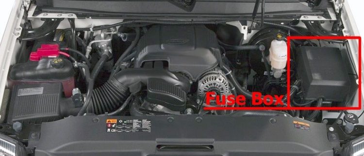 the location of the fuses in the engine compartment: cadillac escalade (gmt 800; 2001-2006)