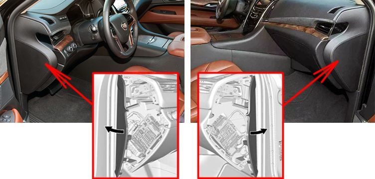 the location of the fuses in the passenger compartment: cadillac escalade (2015, 2016, 2017, 2018-..)