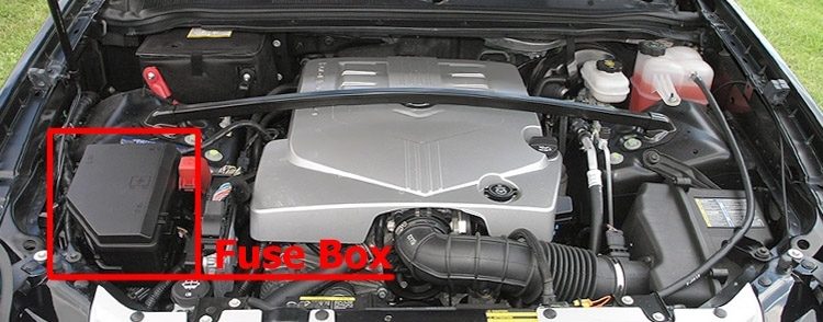 the location of the fuses in the engine compartment: cadillac srx (2004-2009)