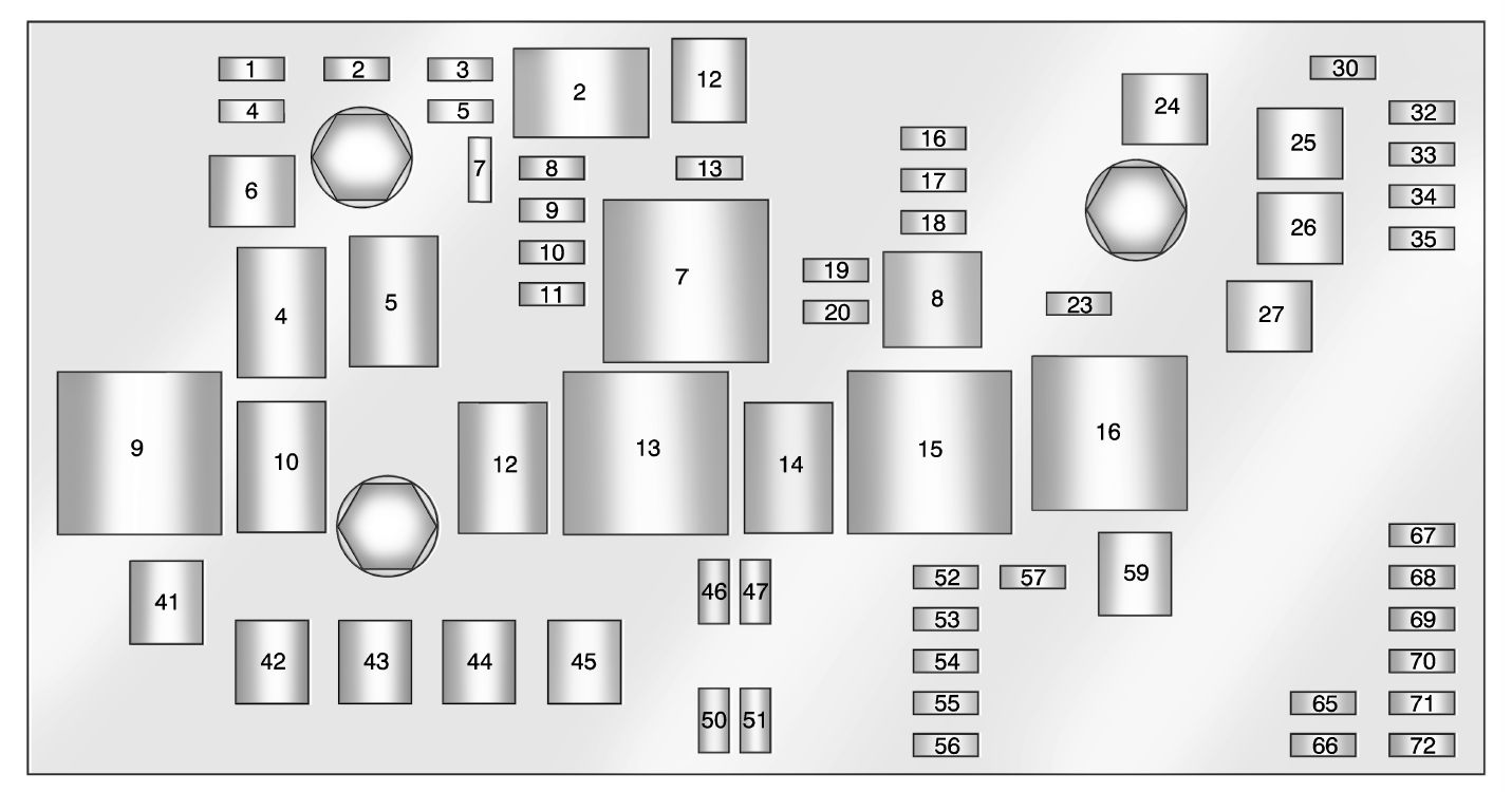 under-hood fuse box diagram: cadillac srx (2010, 2011, 2012, 2013, 2014, 2015, 2016)