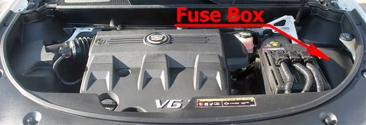 the location of the fuses in the engine compartment: cadillac srx (2010-2016)