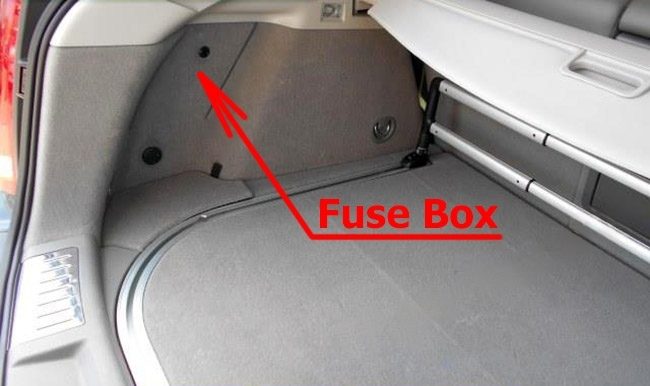 the location of the fuses in the trunk: cadillac srx (2010-2016)