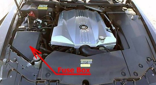 the location of the fuses in the engine compartment: cadillac sts (2005-2011)