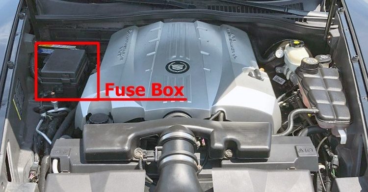 the location of the fuses in the engine compartment: cadillac xlr (2004-2009)