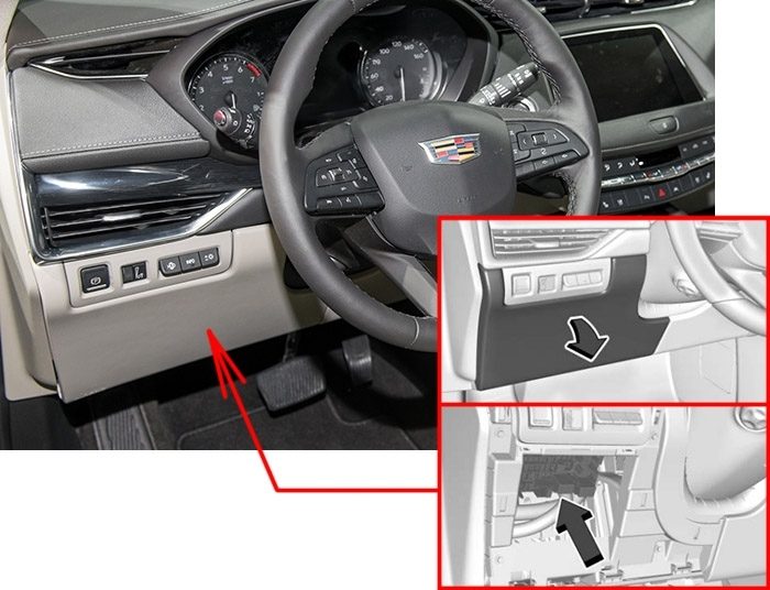the location of the fuses in the passenger compartment: cadillac xt4 (2019)