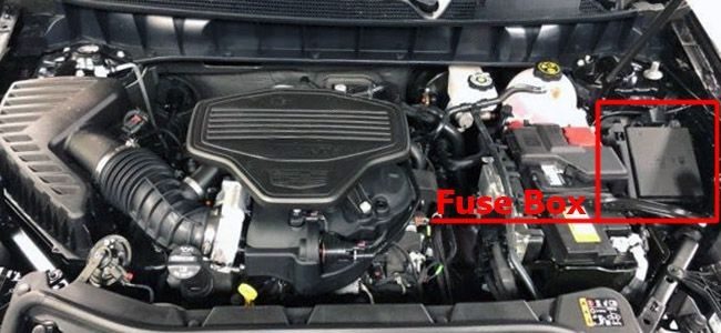 the location of the fuses in the engine compartment: cadillac xt5