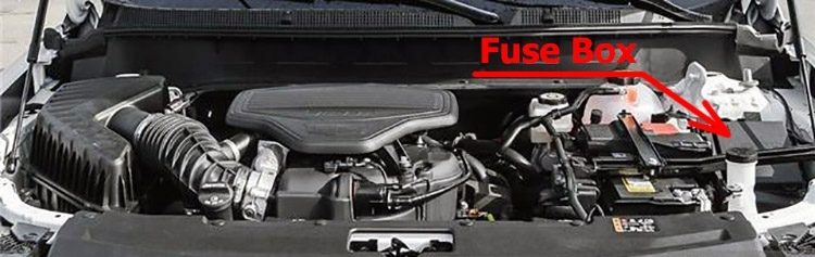 the location of the fuses in the engine compartment: cadillac xt6 (2020-...)