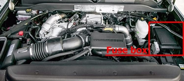 the location of the fuses in the engine compartment: chevrolet silverado (mk3; 2014-2018)