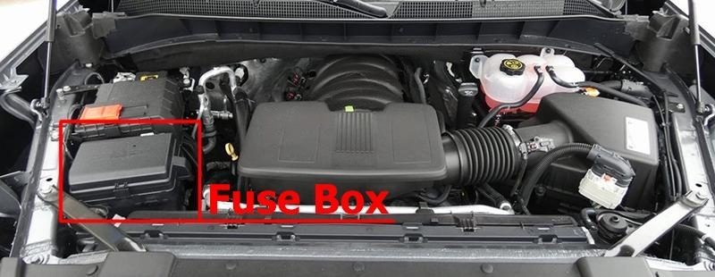 the location of the fuses in the engine compartment: chevrolet silverado (2019)