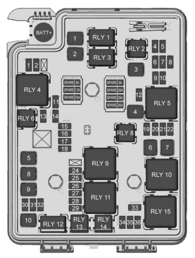 under-hood fuse box diagram (1.8l): chevrolet sonic / aveo (2017, 2018)