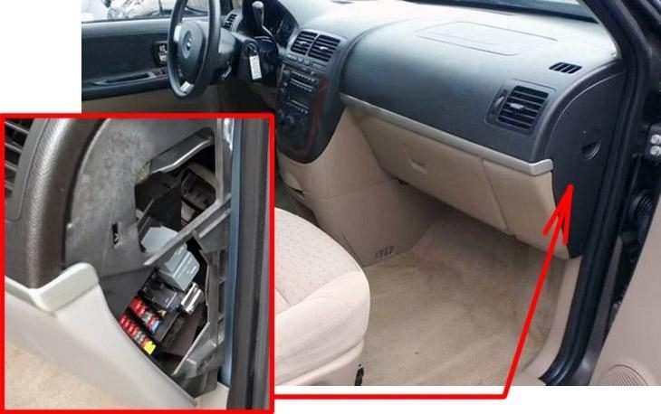 the location of the fuses in the passenger compartment: chevrolet uplander (2005-2008)