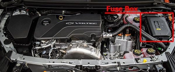 the location of the fuses in the engine compartment: chevrolet volt (2016, 2017, 2018, 2019)