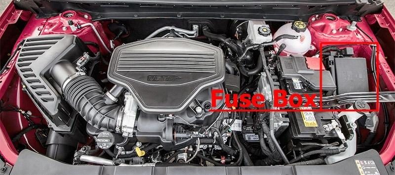 the location of the fuses in the engine compartment: chevrolet blazer (2019-2022)