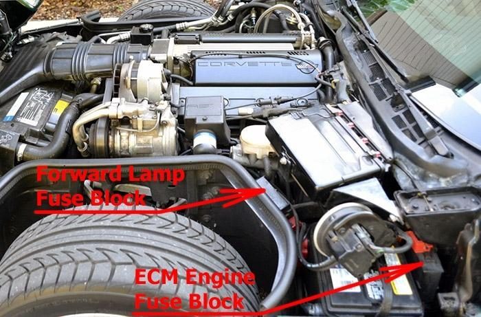 the location of the fuses in the engine compartment: chevrolet corvette (c4; 1993-1996)