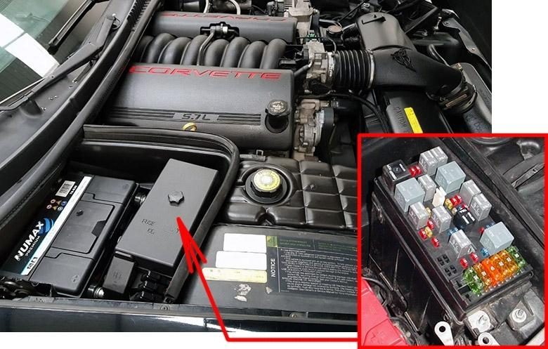 the location of the fuses in the engine compartment: chevrolet corvette (c5; 1997-2004)