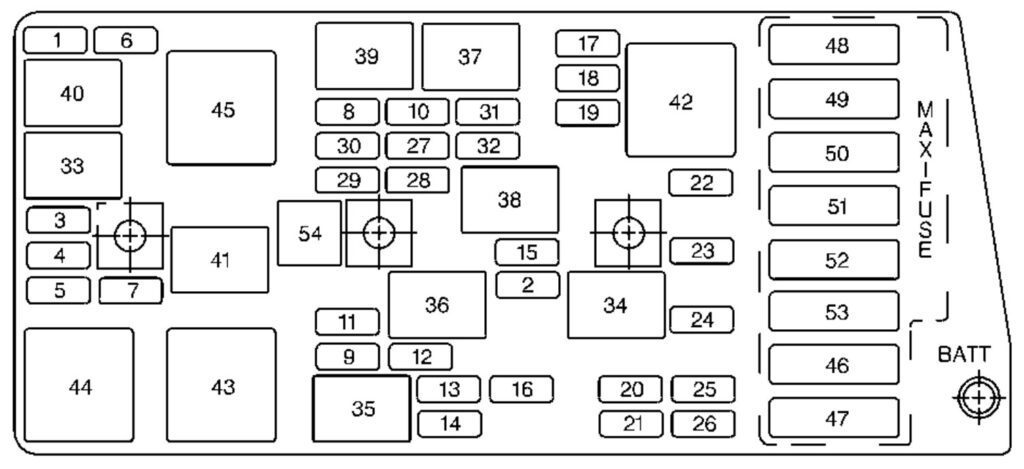 under-hood fuse box diagram: chevrolet corvette (2001, 2002, 2003, 2004)