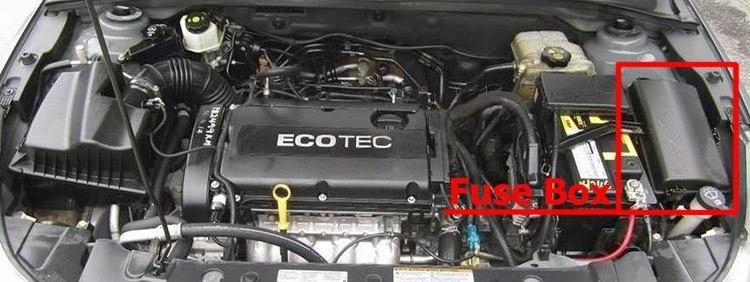 the location of the fuses in the engine compartment: chevrolet cruze (j300; 2008-2016)
