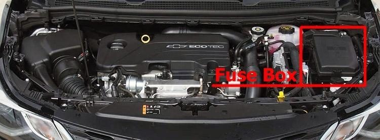 the location of the fuses in the engine compartment: chevrolet cruze (j400; 2016-2019..)