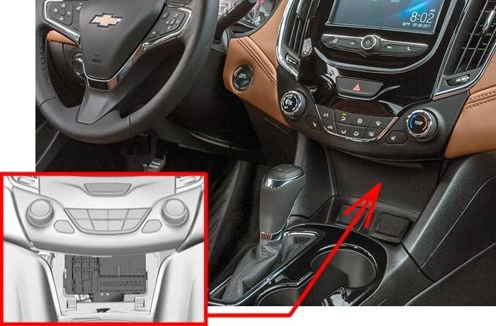 the location of the fuses in the passenger compartment: chevrolet cruze (j400; 2016-2019..)