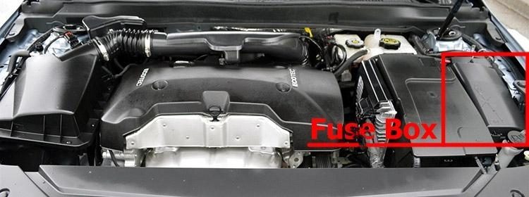 the location of the fuses in the engine compartment: chevrolet impala (2014-2019)