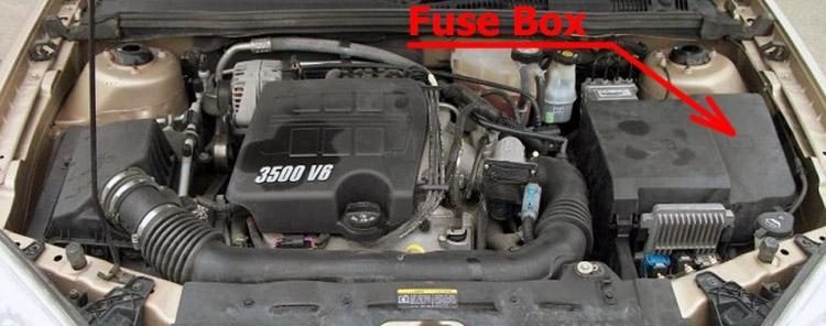 the location of the fuses in the engine compartment: chevrolet malibu (2004-2007)