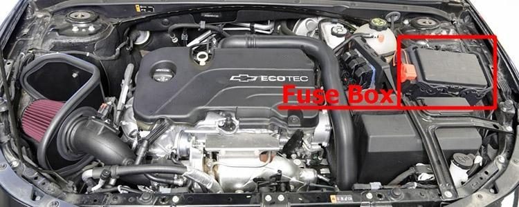the location of the fuses in the engine compartment: chevrolet malibu (2016-2019-..)