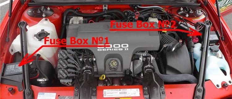 the location of the fuses in the engine compartment: chevrolet monte carlo (1995-1999)