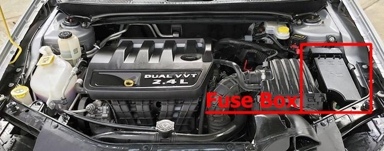 the location of the fuses in the engine compartment: chrysler 200 (2011-2014)