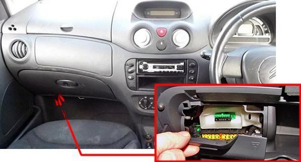 the location of the fuses in the passenger compartment (rhd): citroen c3 (2007, 2008)