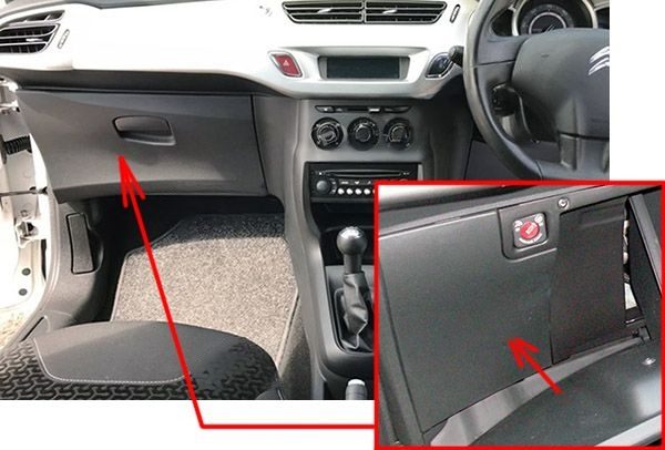 the location of the fuses in the passenger compartment (rhd): citroen c3 (2009-2015)
