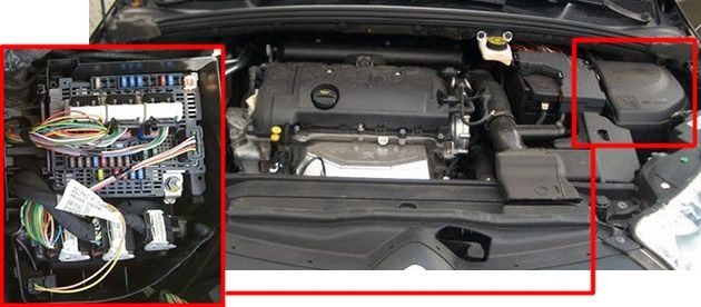 the location of the fuses in the engine compartment: citroen c4 (2011, 2012, 2013, 2014, 2015, 2016, 2017)