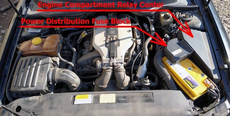 the location of the fuses in the engine compartment: cadillac catera (1997-2001)
